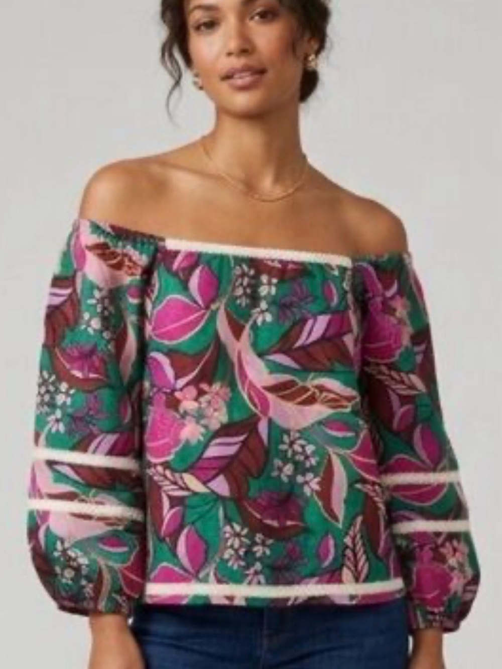 Cynthia Rowley Pink and Green Floral Off-Shoulder Blouse